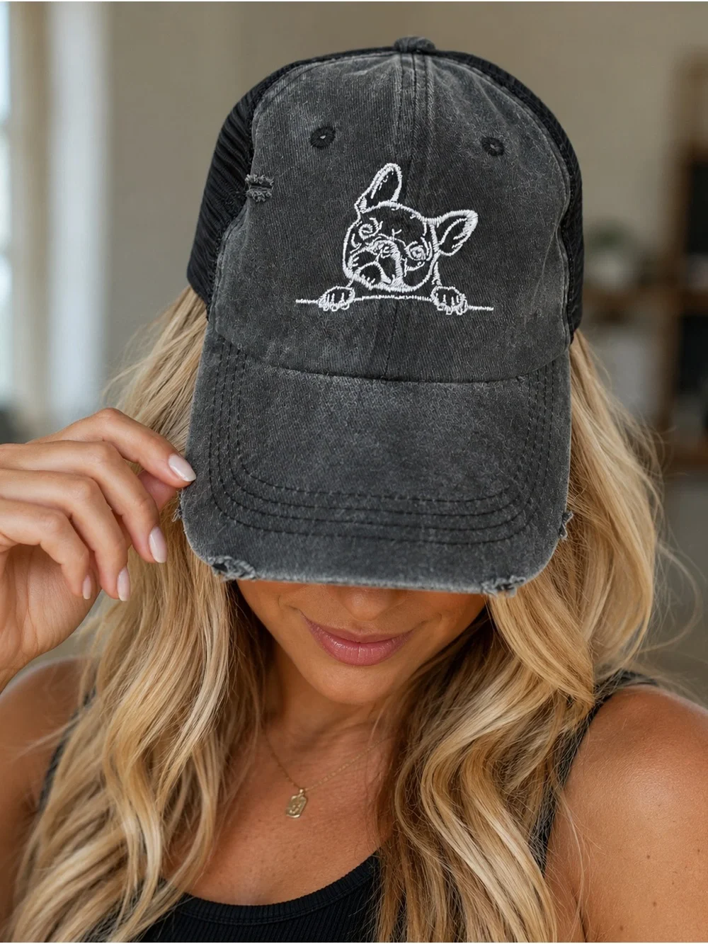 Black Washed Trucker Hat with White French Bulldog Embroidery - Picture 1 of 5